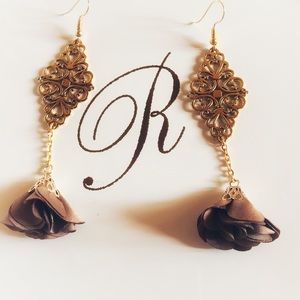Brown and Gold Flowered Dangly Earrings